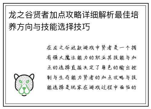龙之谷贤者加点攻略详细解析最佳培养方向与技能选择技巧
