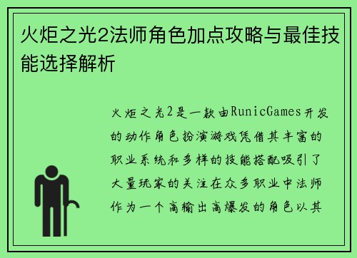 火炬之光2法师角色加点攻略与最佳技能选择解析